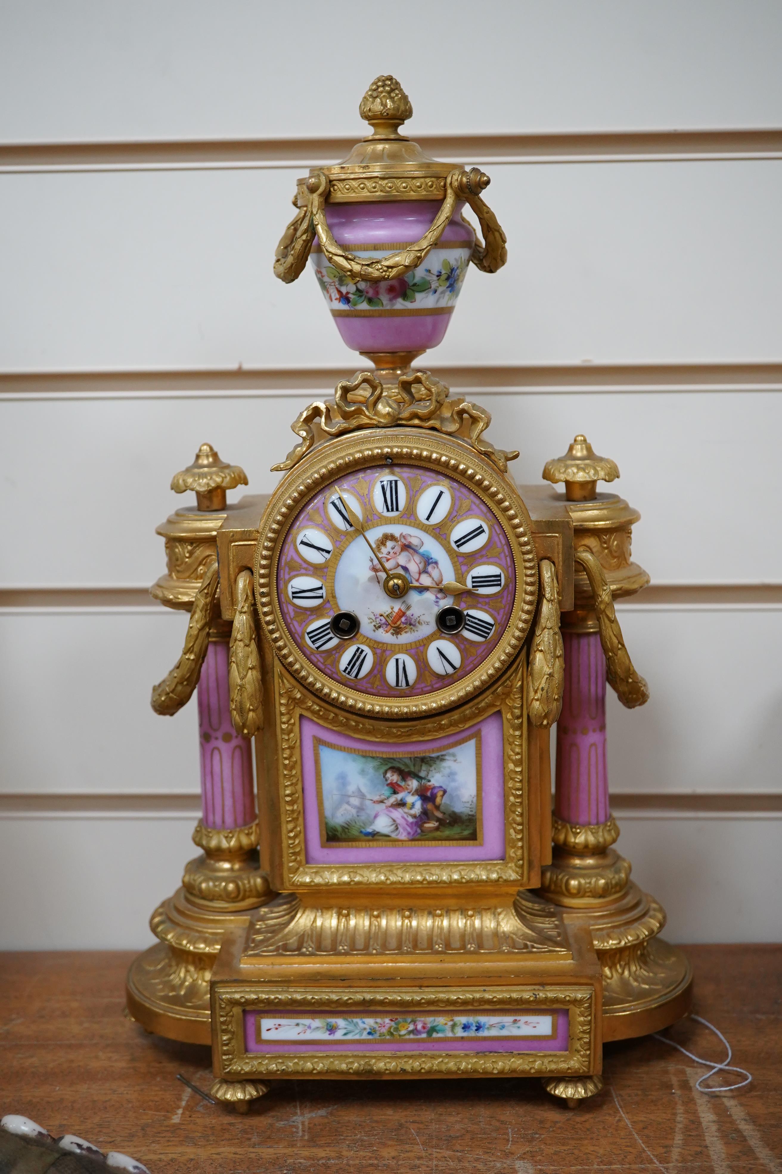 A late 19th century French enamel and gilt metal mantel clock, no key or pendulum, 38cm. Condition - appears good, not tested for time keeping